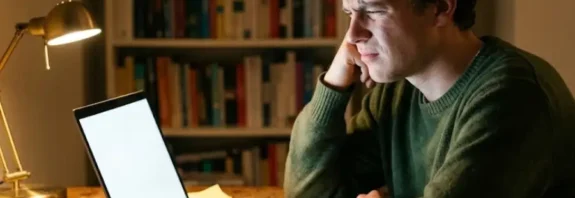 A person sitting at a desk at night looking confused while staring at a blank webpage on their laptop screen