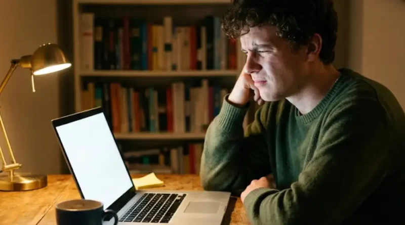 Voomixi Com: Is It Real or Just Hype? (I Checked It Myself) 1 A person sitting at a desk at night looking confused while staring at a blank webpage on their laptop screen