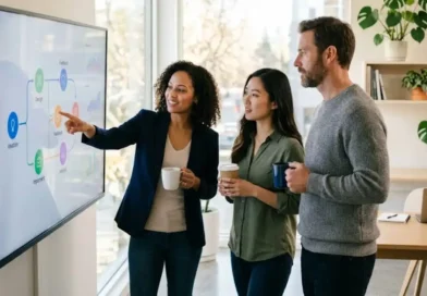 A team of professionals collaborating around a large digital screen showing workflow charts and connected data points in a modern office setting