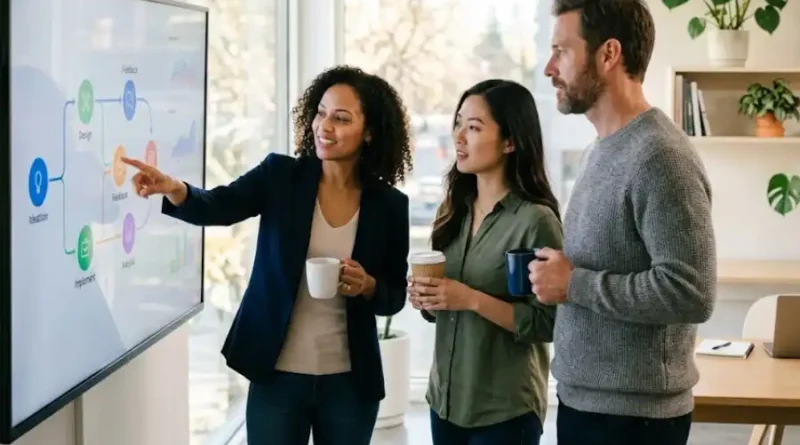 A team of professionals collaborating around a large digital screen showing workflow charts and connected data points in a modern office setting