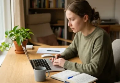 A person sitting at a desk in deep focus, representing the Woeken meaning of intense, productive work
