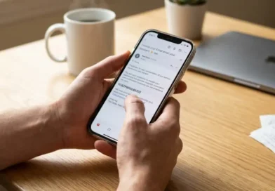 Hands holding a smartphone showing an email with the code YCBZPB00005102 on a wooden desk in natural morning light.