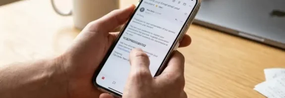 Hands holding a smartphone showing an email with the code YCBZPB00005102 on a wooden desk in natural morning light.