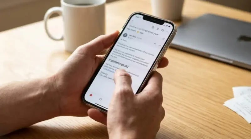 Hands holding a smartphone showing an email with the code YCBZPB00005102 on a wooden desk in natural morning light.