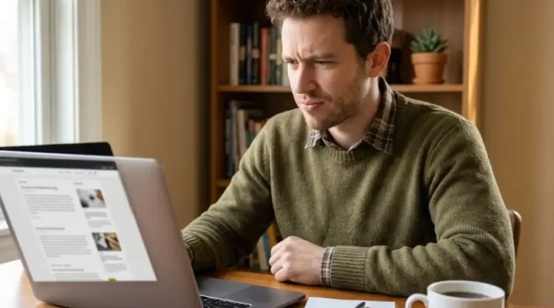 A person reviewing the Zavalio.com website on a laptop, checking its credibility and content reliability.