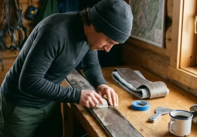 Zuschneidfelle climbing skins being trimmed to fit a pair of backcountry skis with a plastic cutting tool on a wooden workshop bench.