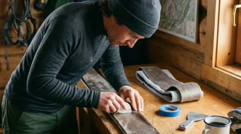 Zuschneidfelle climbing skins being trimmed to fit a pair of backcountry skis with a plastic cutting tool on a wooden workshop bench.