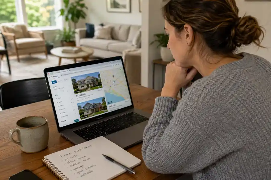 A person using a laptop to search for homes on Zillow, with a notepad and coffee nearby on a bright desk