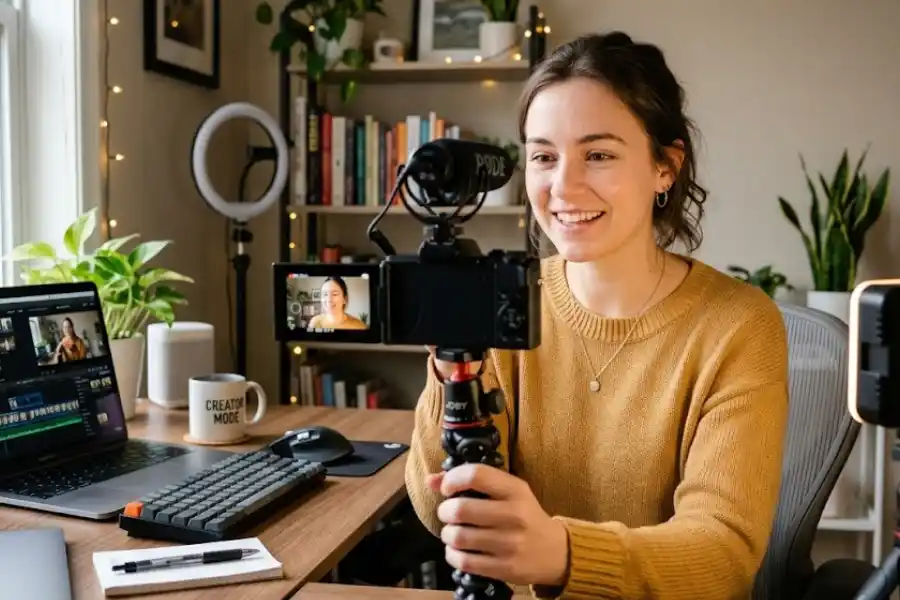 A YouTuber recording a video at a home desk setup using a Canon G7X Mark III with the flip screen facing forward