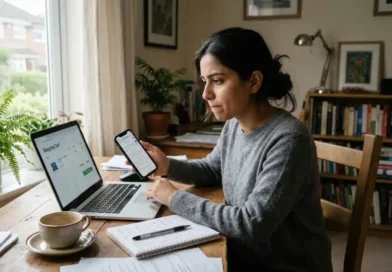 Person comparing an online store's reviews and trust score on a laptop before buying