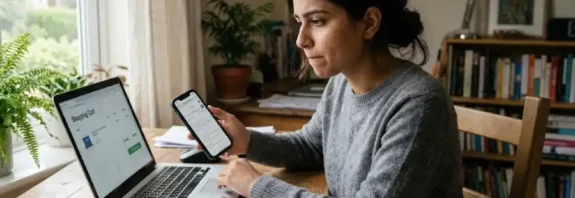 Person comparing an online store's reviews and trust score on a laptop before buying