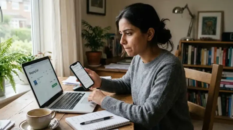 Person comparing an online store's reviews and trust score on a laptop before buying